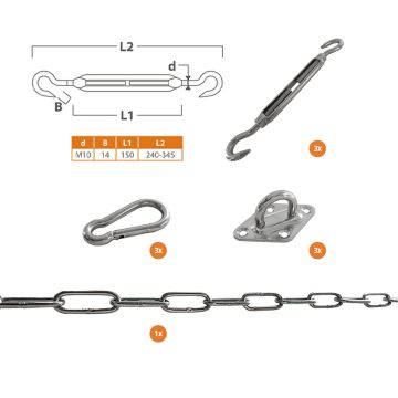 Schaduwdoek bevestigingsset driehoek RVS met M10 Spanner