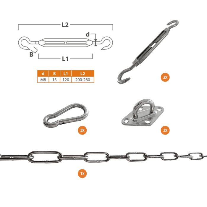 Schaduwdoek bevestigingsset driehoek RVS met M8 Spanner main product photo